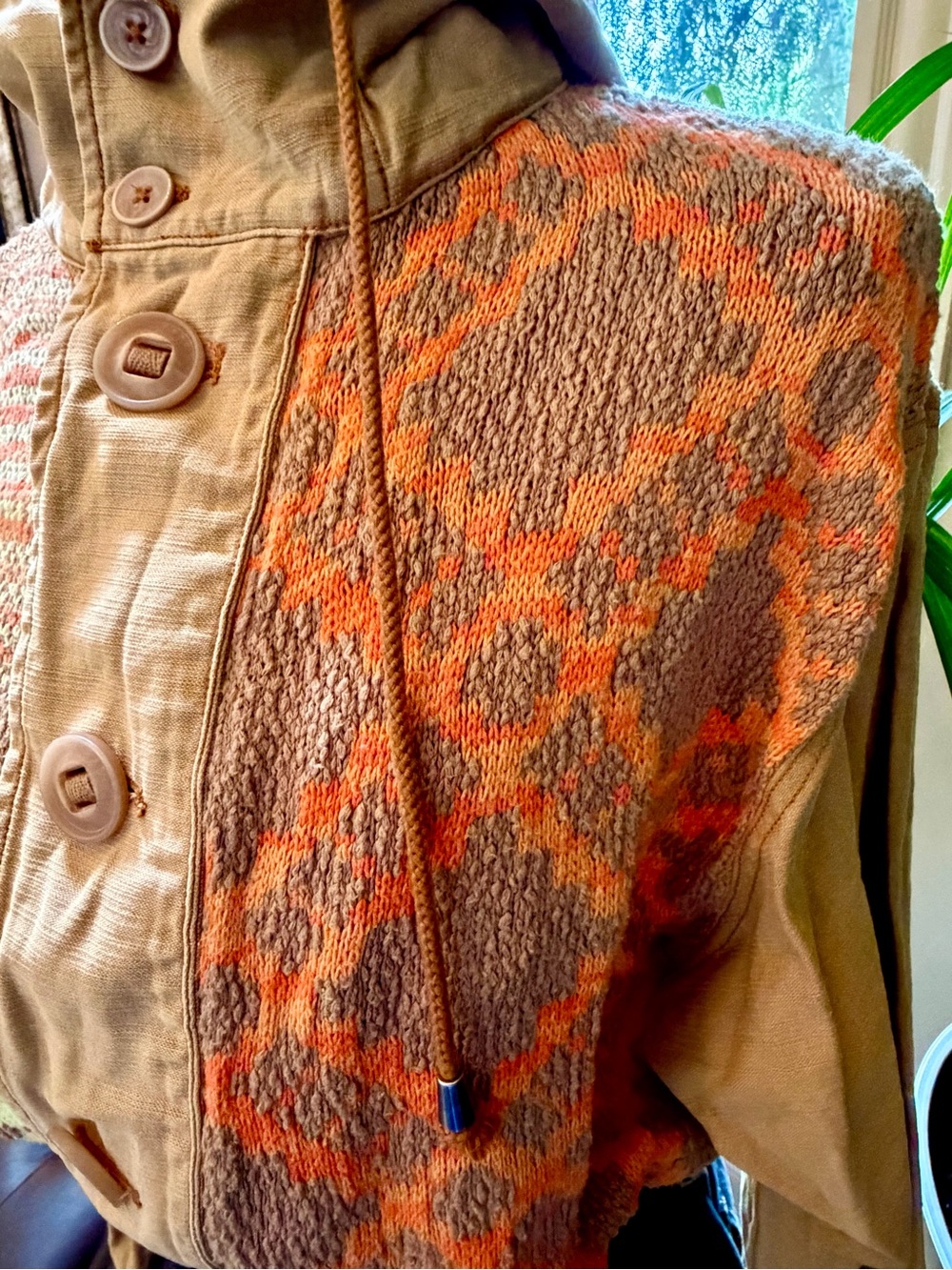FREE PEOPLE Reno Knit Patchwork Cropped BOHO Jacket Coat Utility Aztec Brown Sm - Picture 5 of 16
